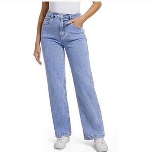 Stylish  Blue Women's Straight loose leg  high waisted stretchy trendy jeans